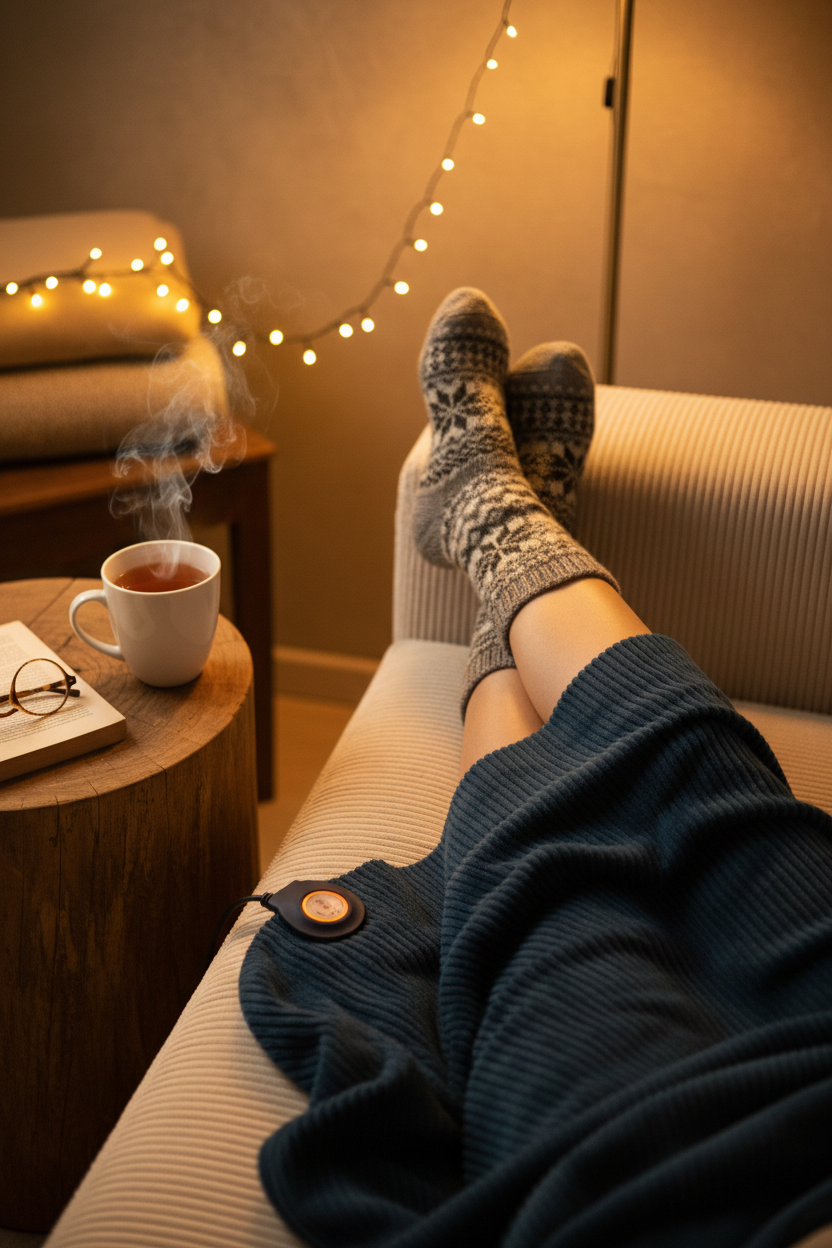 Cosy electric heated blanket draped over legs on a sofa with warm ambient lighting