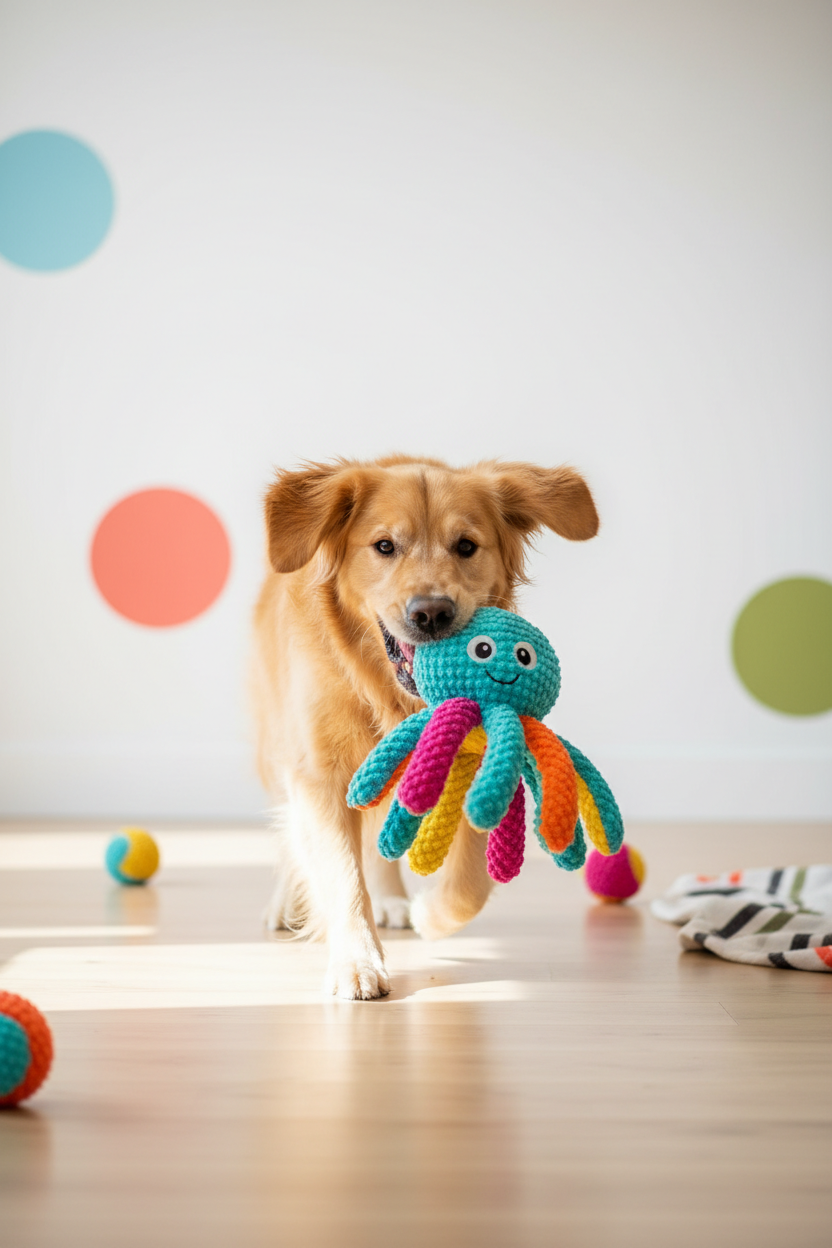 Golden retriever playing with a colourful plush octopus toy on a timber floor