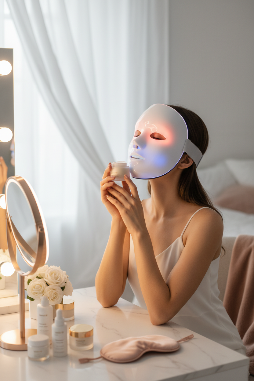 Woman wearing LED light therapy face mask at a vanity in a serene self-care setting